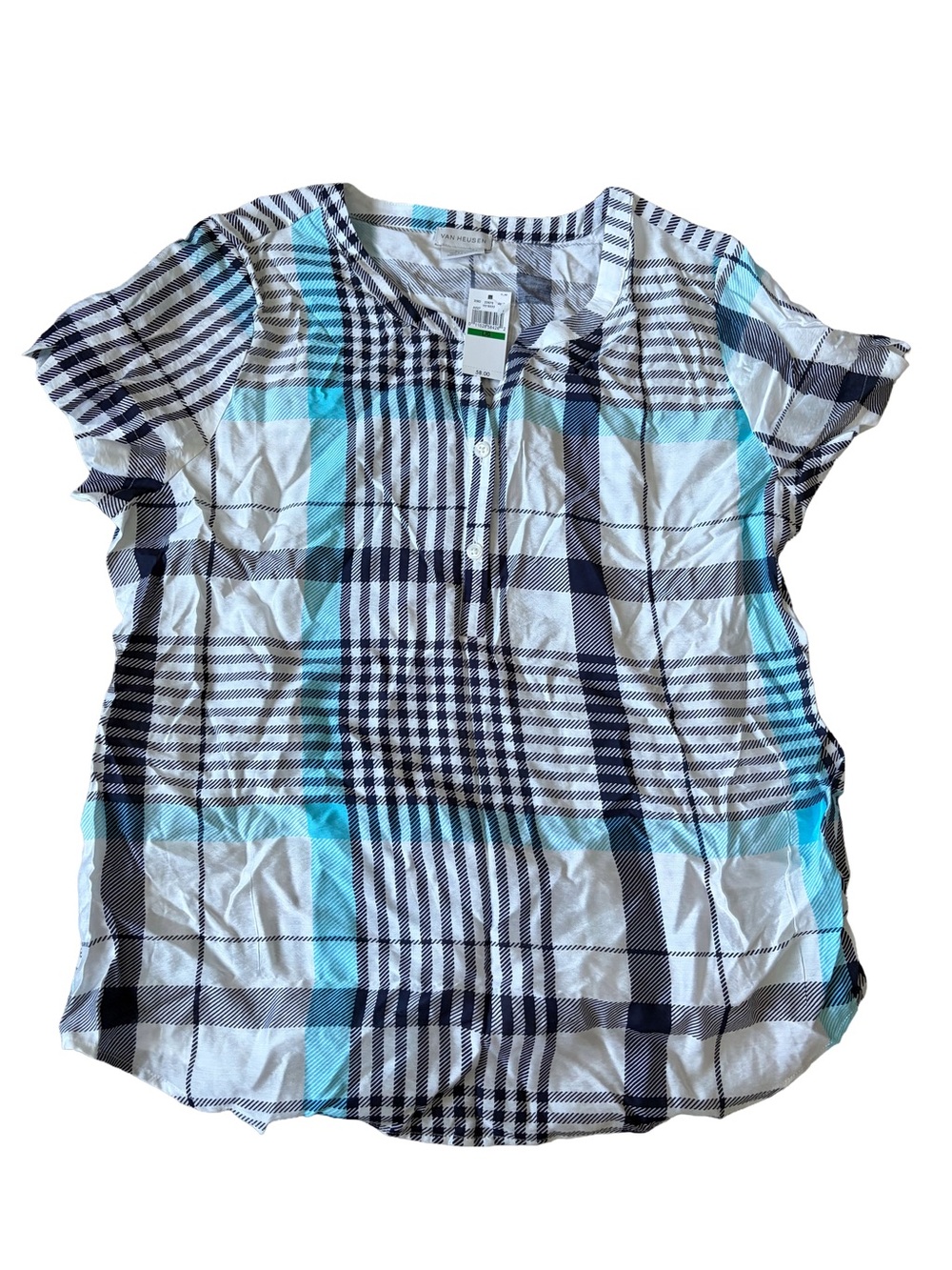 NWT Large Van Heusen Plaid Short-Sleeve Henley Top - Aqua/Black/White